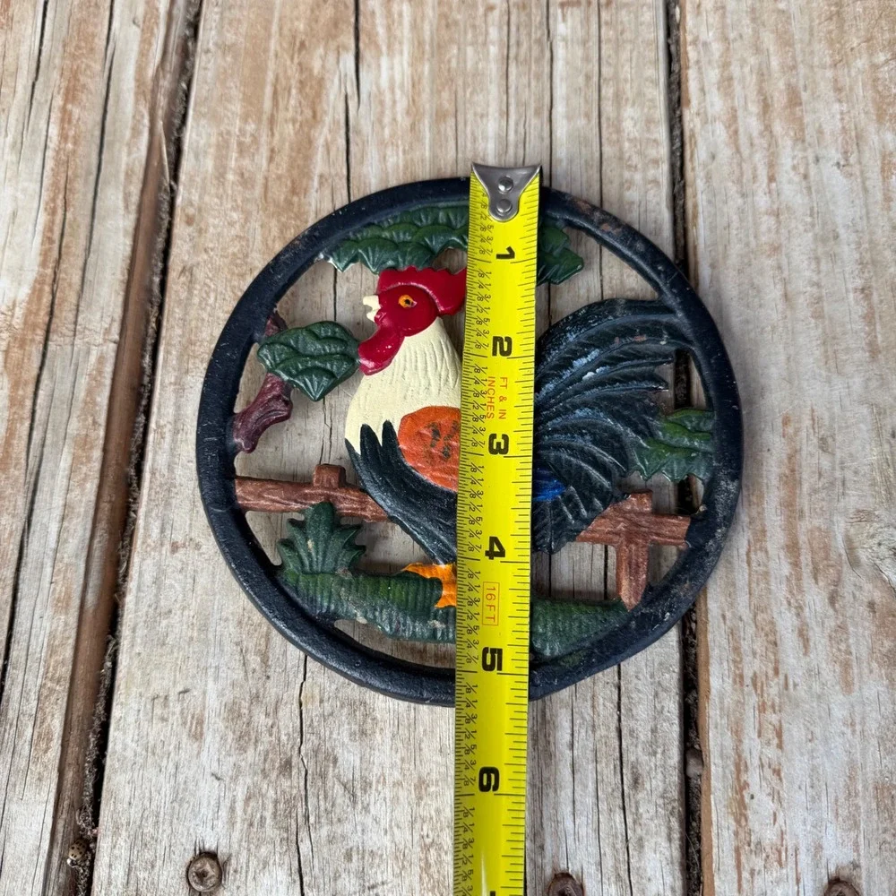 Vtg Painted Cast Iron Rooster Trivet Farmhouse Kitchen Wall Decor 5.5